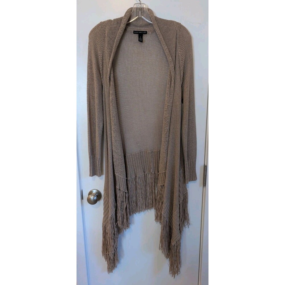 Chico's Black Label Linen Open Front Cardigan Sweater M Tan Fringe Boho Western